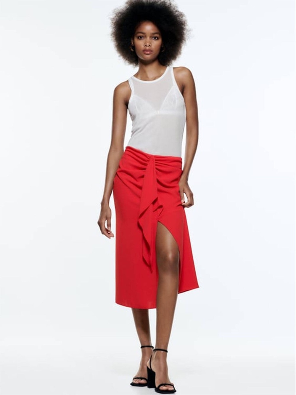 Zara Red Tie-Front Midi Skirt